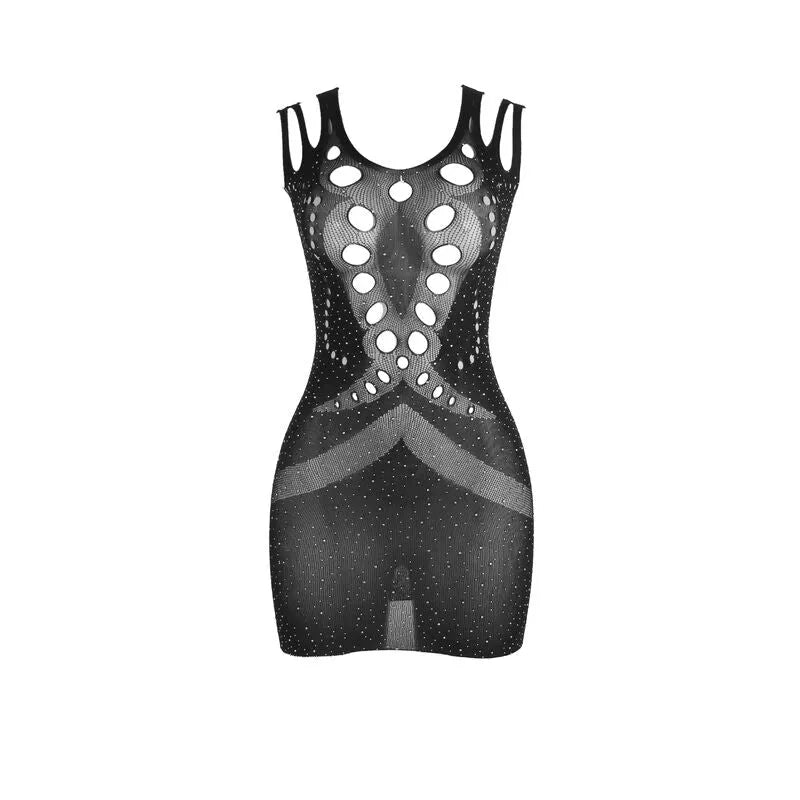 Body moulant noir résille avec paillettes et strass, design ajusté et séduisant, idéal pour soirées glamour.
