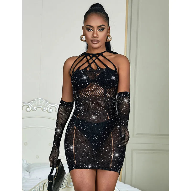 Body en maille noire avec strass scintillants, design élégant et sensuel, idéal pour soirées glamour.