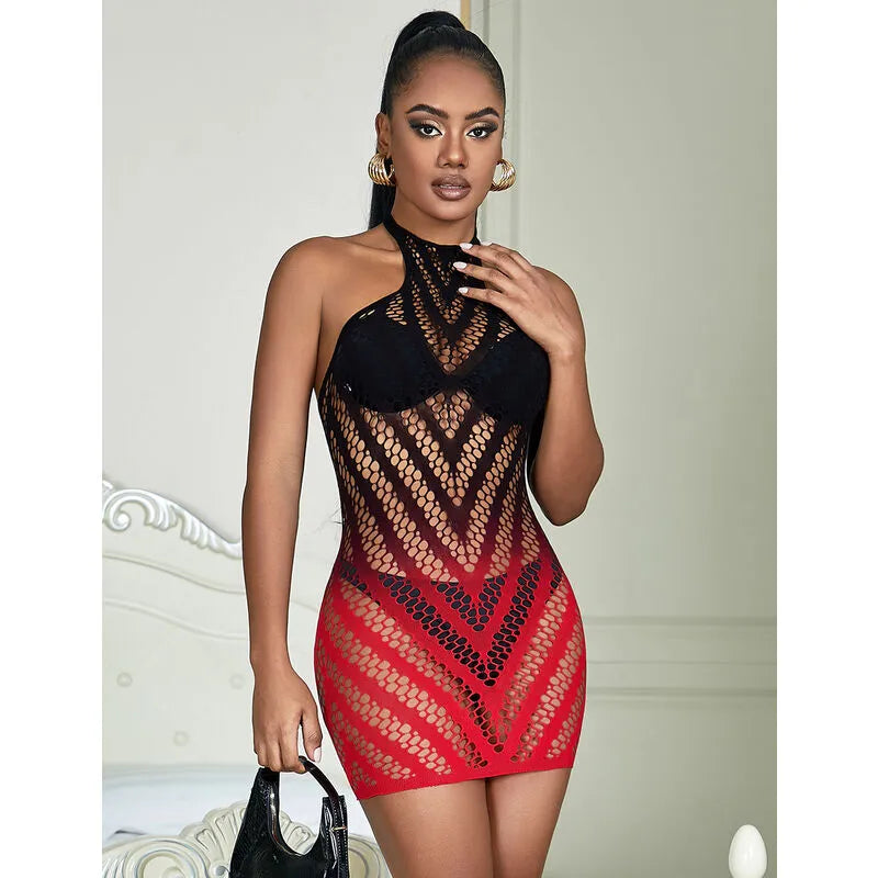 Body sans manches dégradé noir rouge en maille extensible, lingerie sexy en nylon et élasthanne, silhouette glamour.