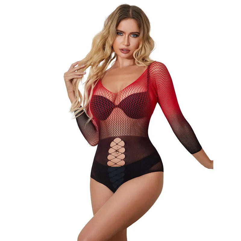 body lingerie maille élastique bicolore noir rouge sexy féminin ajusté maintien confortable élégant sophistiqué séduisant soirée romantique taille unique extensible
