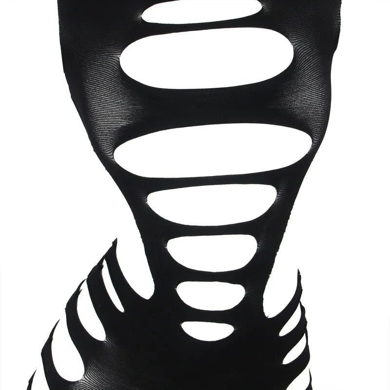 Body lingerie noir ajouré manches longues, coupe ajustée, élasthanne et nylon, design séduisant et élégant.