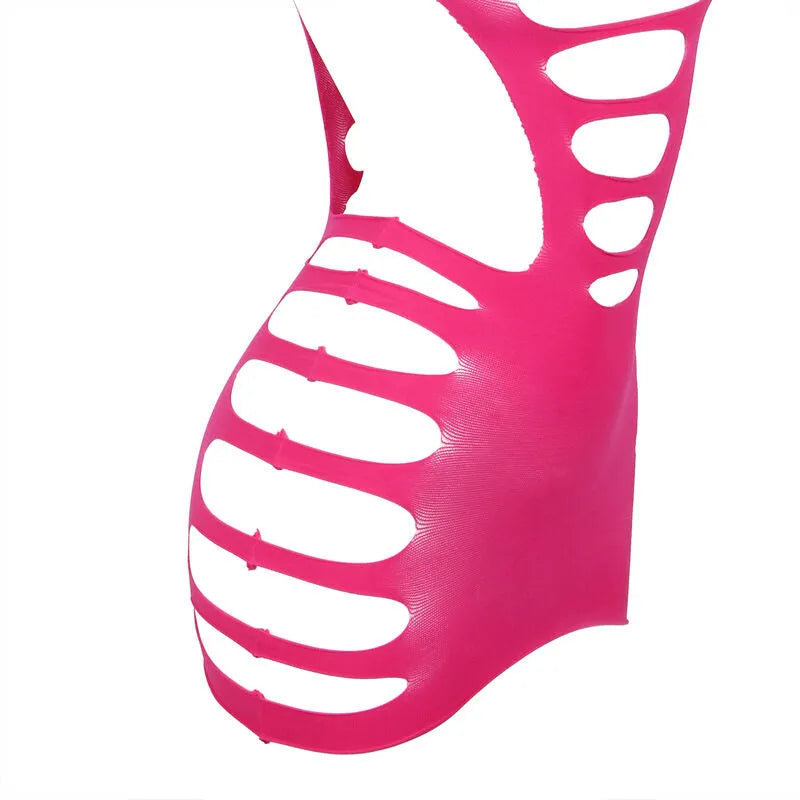 Body lingerie rose ajouré manches longues, nylon élasthanne, ajusté, élégant et sensuel pour femme.