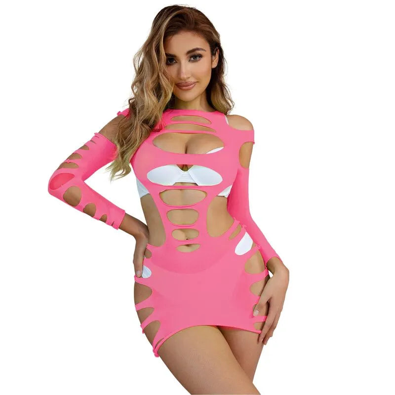 Body lingerie rose ajouré manches longues, nylon élasthanne, ajusté, élégant et sensuel pour femme.
