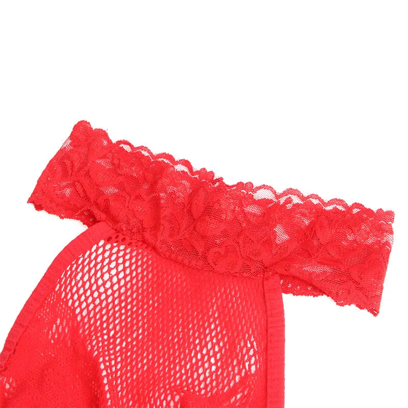 Body rouge en résille et dentelle, col montant, coupe ajustée, style élégant et sensuel, sublimation de silhouette.