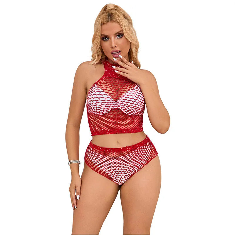 ensemble lingerie résille strass rouge vif confort haute qualité coupe ajustée extensible bikini short transparent glamour sexy nylon élasthanne