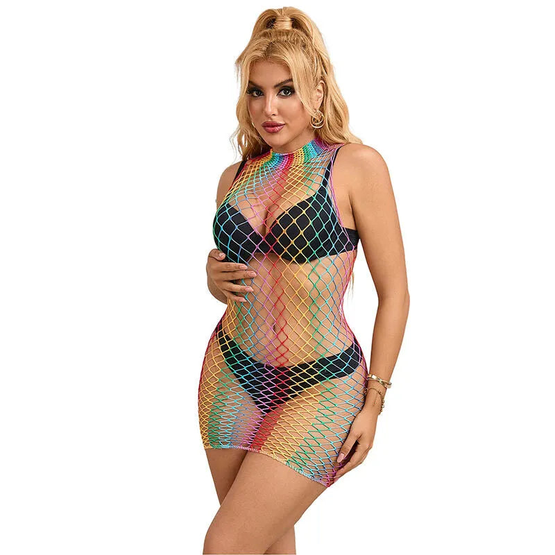 lingerie femme sexy sans manches col montant résille multicolore luxe transparente extensible respirant taille unique silhouette sublimant