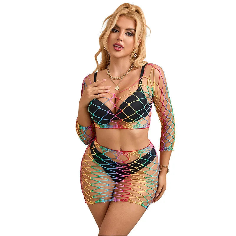 Ensemble lingerie manches longues multicolore en maille transparente, ajustable, mettant en valeur la silhouette féminine.