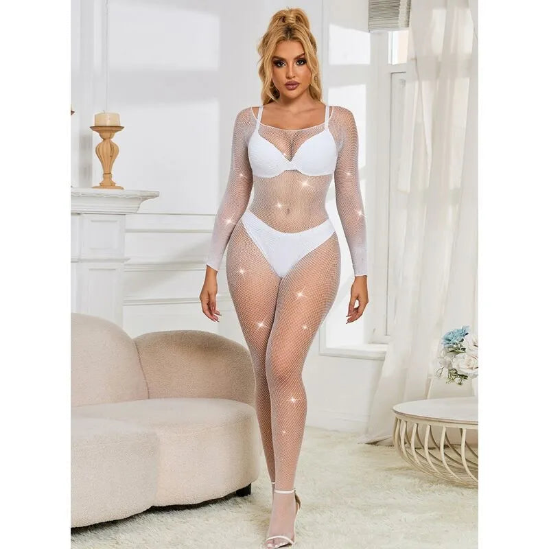Body manches longues résille blanc motif losanges, moulant, sexy, élégant, idéal soirée, silhouette sculptée, taille unique.