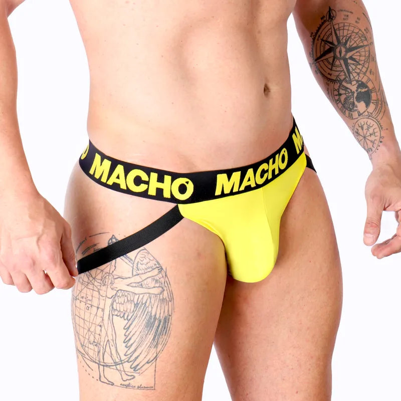 jockstrap homme lycra jaune fesses ouvertes confort maintien sportif respirant ajustable taille S M L XL audacieux