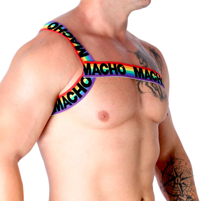 Harnais élastique multicolore élégant, design unique, ajustable, porté sur torse masculin, style moderne et sensuel.