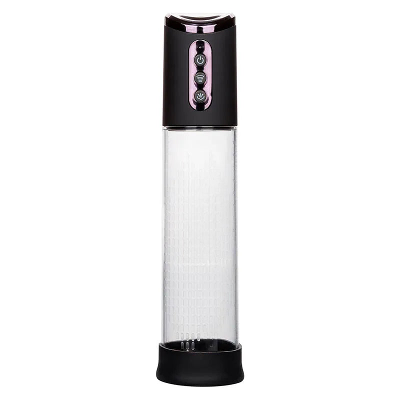 Pompe à onde stimulante noire, design ergonomique, quatre boutons, tube transparent, amélioration intime, rechargeable.