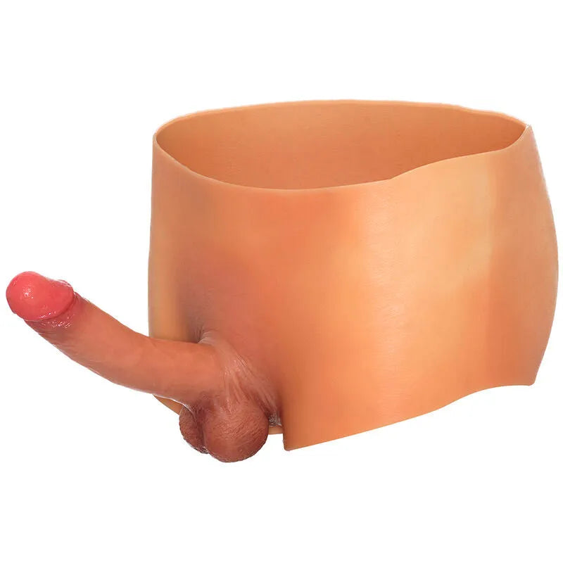 Boxer pénis silicone réaliste érection scrotum taille L, couleur chair, pour travestissement et exploration de genre.