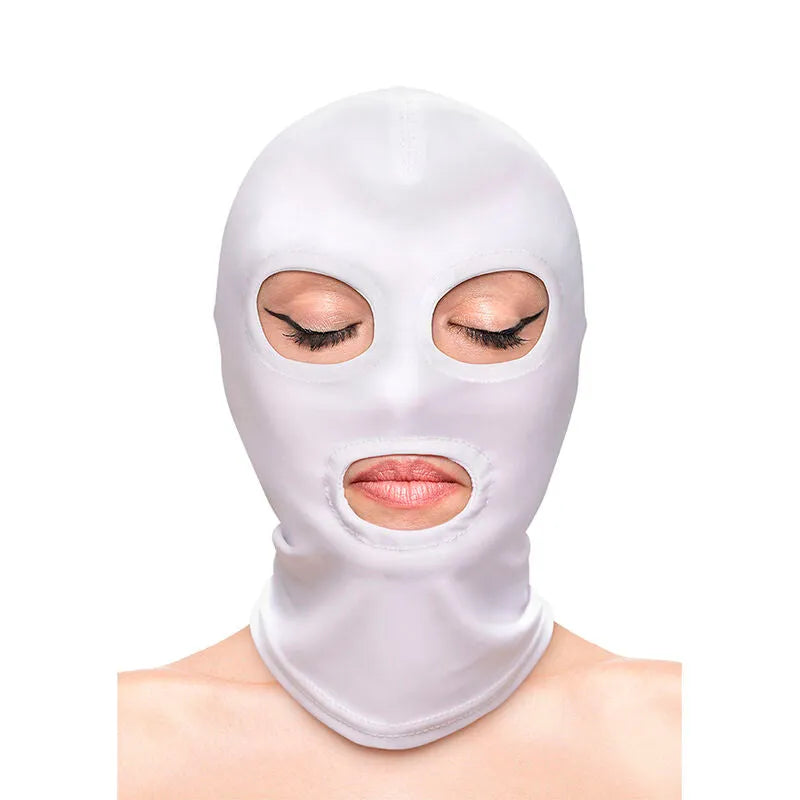 capuchon yeux bouche nylon blanc doux confortable respirant ajustable extensible élastique provocant soumis érotique sensuel mystérieux élégant taille unique léger