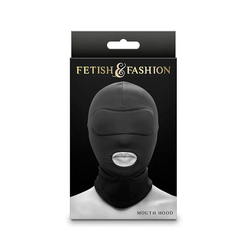 Cagoule noire en nylon ajustée, bouche ouverte, finition lisse, pour jeux de rôle sensuels et exploration fétiche.