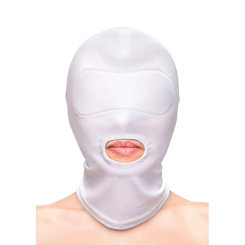 capuche bouche nylon blanc fétiche ajustée séduisante sensuelle mystérieuse captivante confortable tailleunique érotique domination soumission intense audacieuse