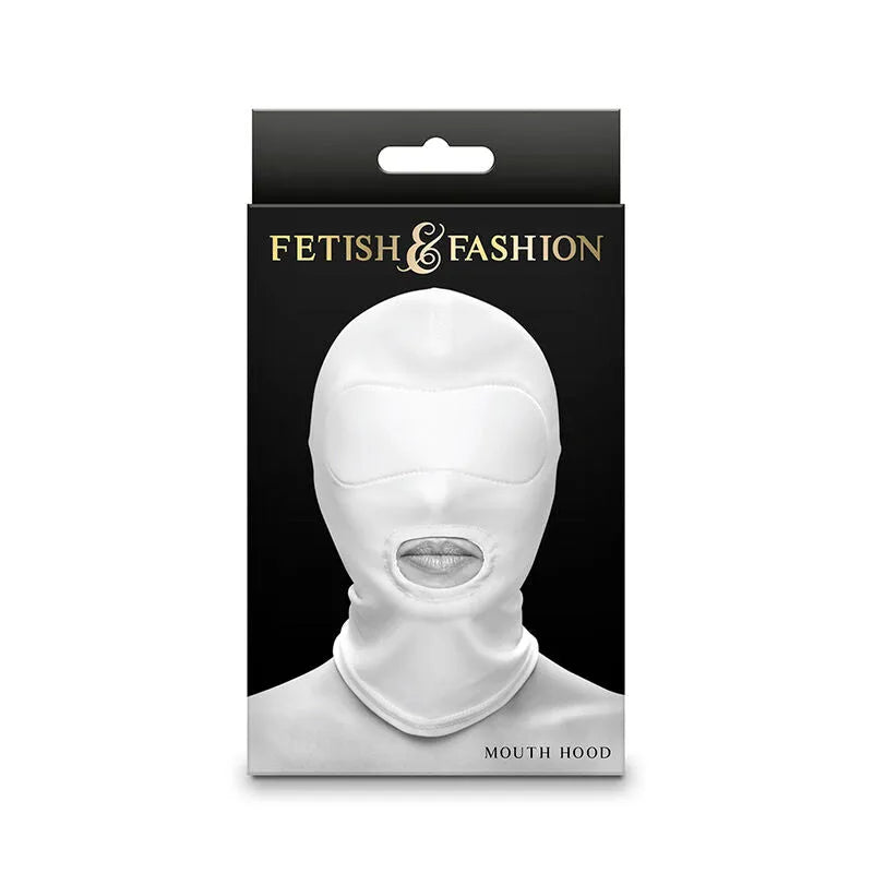 Capuche bouche nylon blanc ajustée, mystérieuse et captivante, pour jeux de rôle fétiche, emballage Fetish & Fashion.