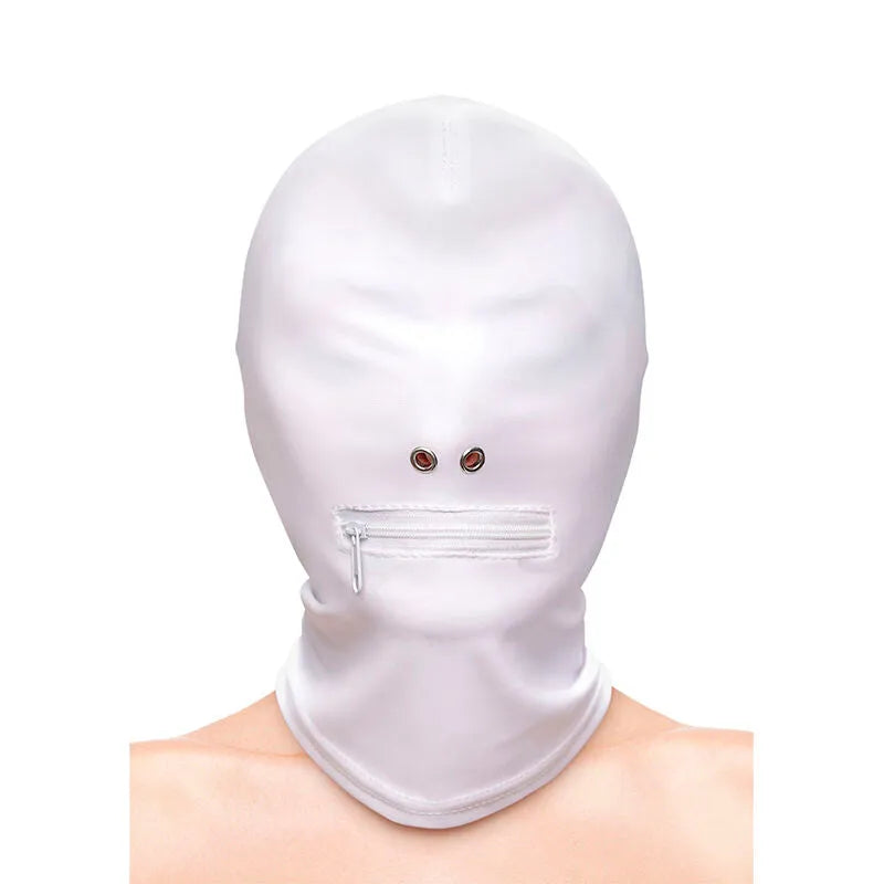 capuche blanche zippée nylon doux fermeture éclair contrôle bouche confortable tailleunique légère sans nickel mystérieuse sensorielle fétichiste soumission