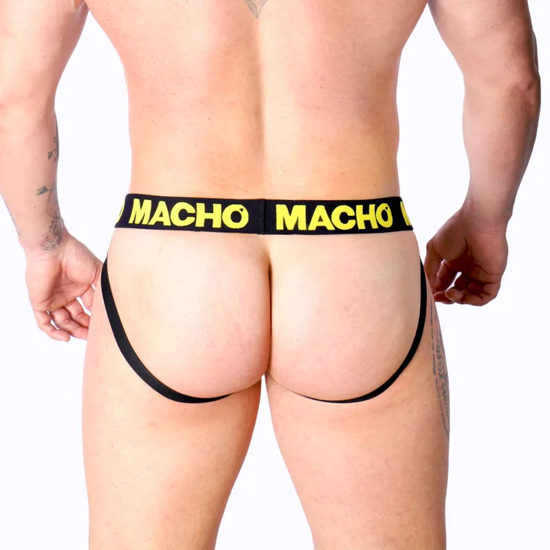 jockstrap homme lycra jaune fesses ouvertes confort maintien sportif respirant ajustable taille S M L XL audacieux