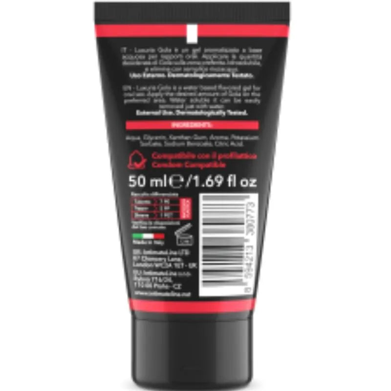 Gel lubrifiant oral fraise 50ml, tube plastique élégant, design épuré, compatible préservatifs, testé dermatologiquement.