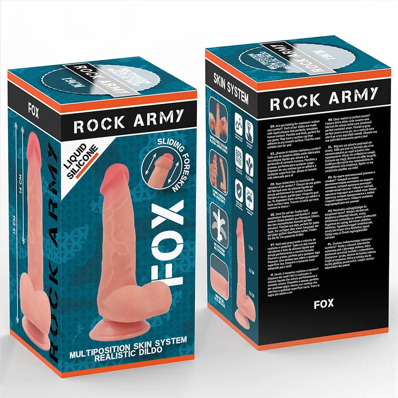 Gode réaliste en silicone liquide 19 cm avec ventouse, texture douce, couleur chair, emballage Rockarmy visible.