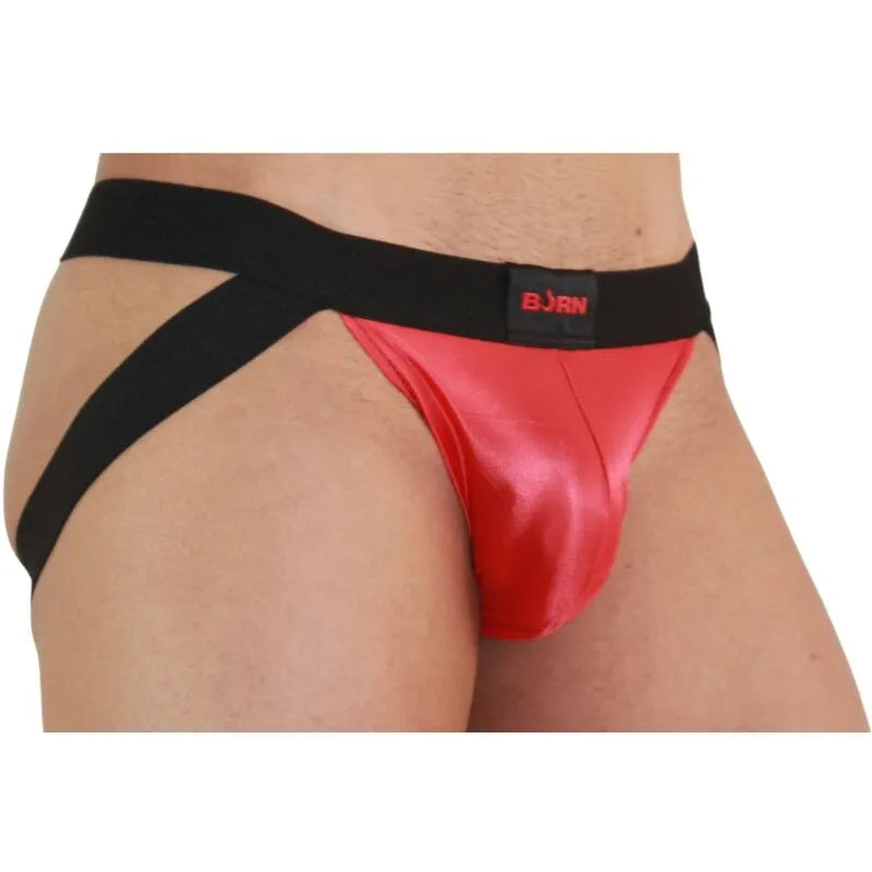 Jockstrap BURN rouge et noir, design audacieux avec paillettes, transparence séduisante, confort et style.