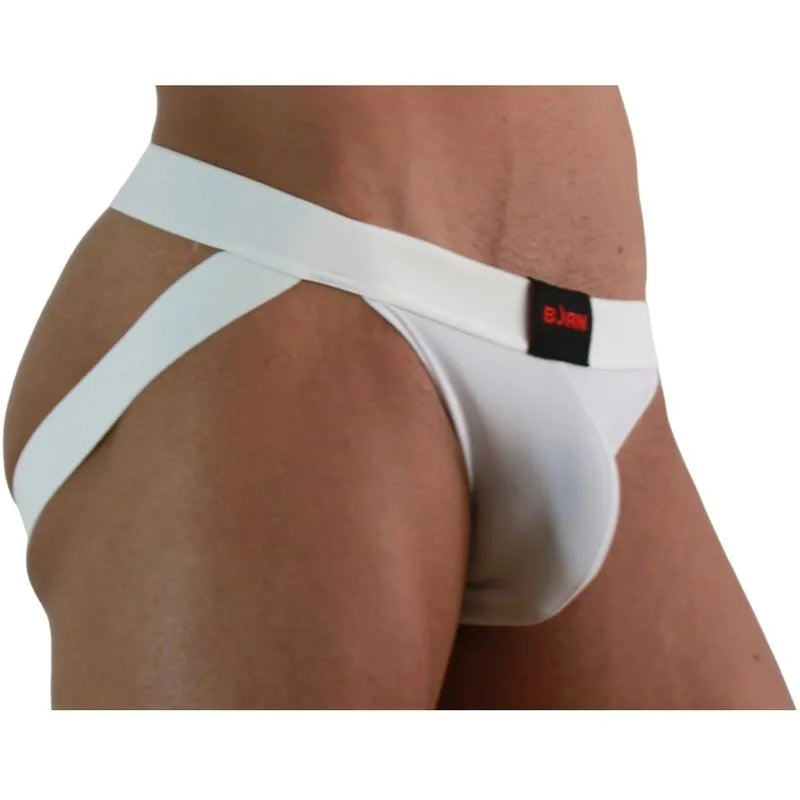 Jockstrap blanc BURN 007 en lycra, design audacieux avec paillettes et transparences, confort et style séduisant.