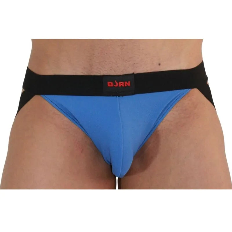 Jockstrap BURN bleu/noir, design audacieux, paillettes, transparences séduisantes, matériaux de qualité supérieure.