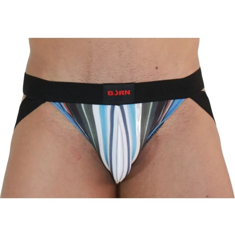 Jockstrap multicolore BURN avec paillettes, ceinture noire, design audacieux et transparence séduisante.