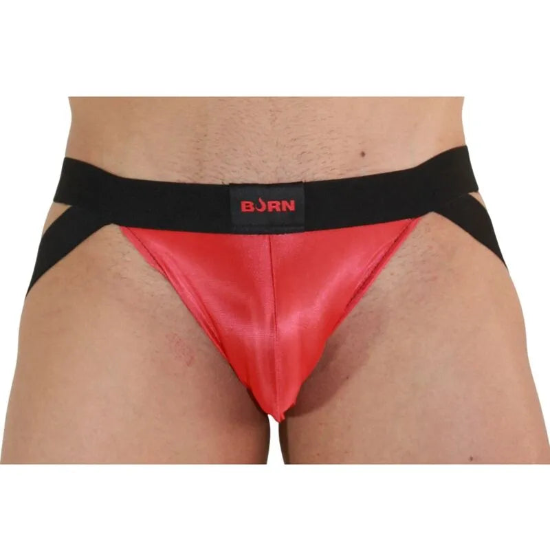 Jockstrap BURN rouge et noir, design audacieux avec paillettes, transparence séduisante, confort et style moderne.