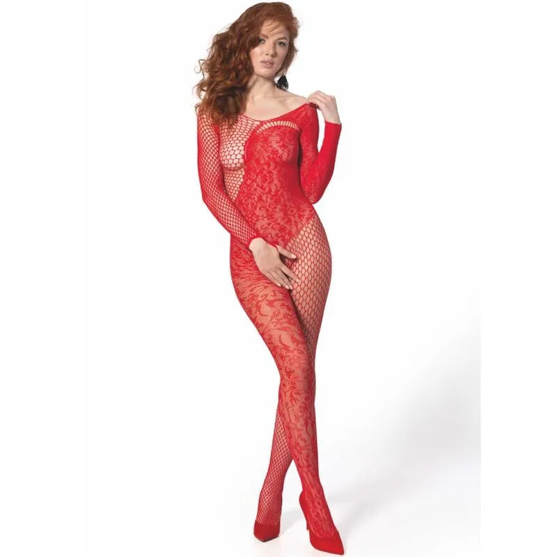PASSION BS 107 Bodystocking rouge design sexy élastique dentelle transparente