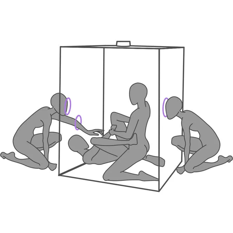 Cabine pourpre compacte immersive avec éclairage LED intégré, ventilateurs et pinces, pour exploration sensorielle intime.