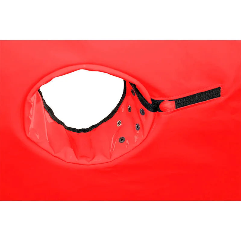 Cabine BDSM violette avec LED, menottes robustes, matelas confortable, attaches résistantes, sac portable compact.