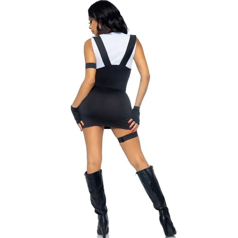 Costume moulant SWAT femme noir avec robe ajustée, gants, jarretière, bracelet, bottes hautes, idéal pour Halloween.