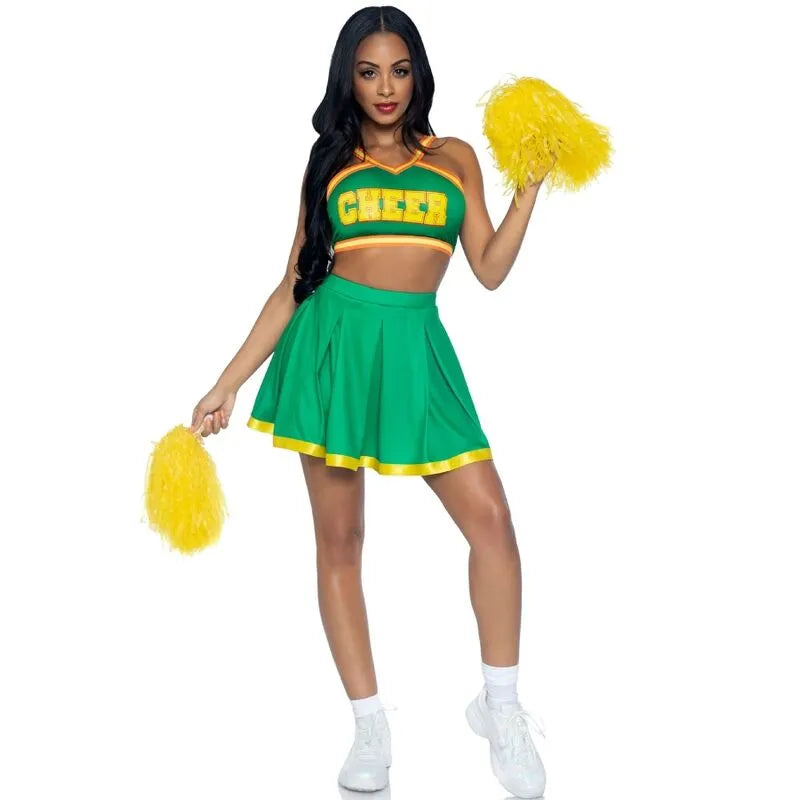 Costume pompons vert haut court jupe plissée légère tissu doux élastique confortable durable tailles S M