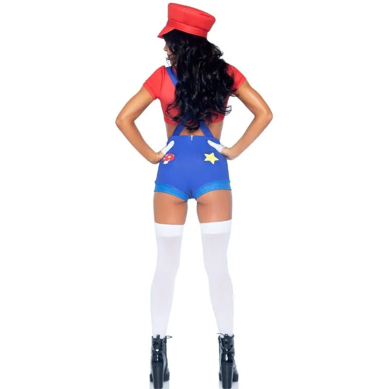 Costume femme Mario Bros sexy: crop top rouge, short bleu à bretelles, casquette rouge, chaussettes blanches, bottes noires.