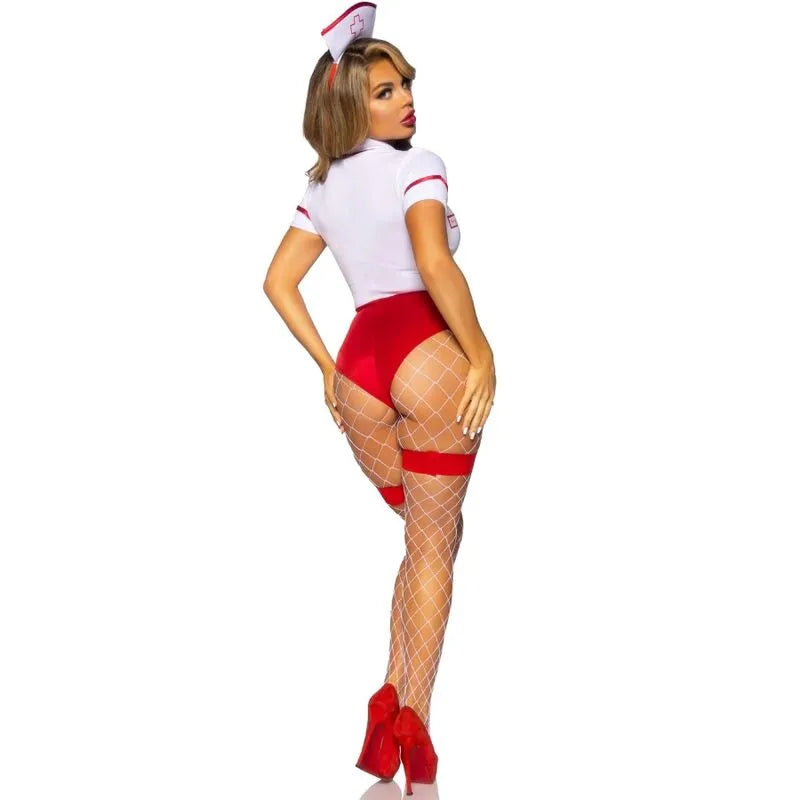 Costume infirmière sexy rouge blanc, justaucorps bretelles, pressions entrejambe, tablier, coiffe, extensible, taille S.
