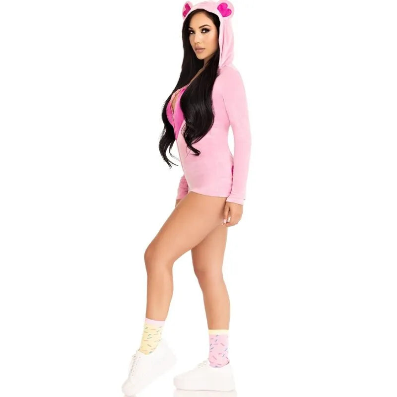 Combinaison rose en velours ultra doux, capuche oreilles d'ours, fermeture zippée cœur, tenue cosy et mignonne.