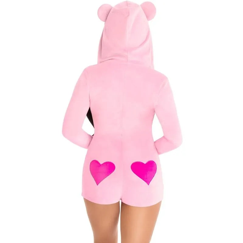 Combinaison ours en velours rose avec capuche oreilles, fermeture zippée, détails cœur, cosy et mignonne pour carnaval.
