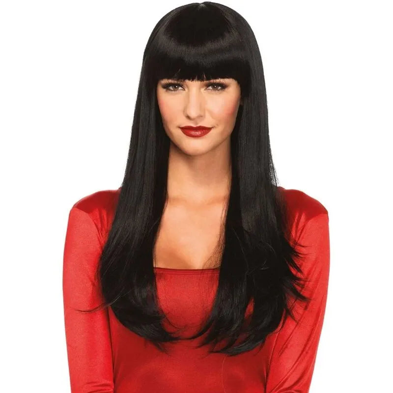 Perruque cheveux longs raides frange noir haute qualité oléfine ajustable