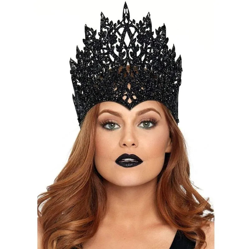 Couronne noire à paillettes avec bijou bleu, élégante et scintillante, idéale pour soirées glamour et événements spéciaux.