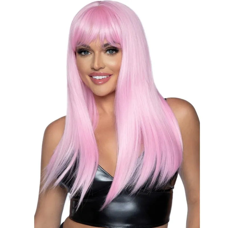 Perruque longue rose frange droite polyester ajustable haute qualité