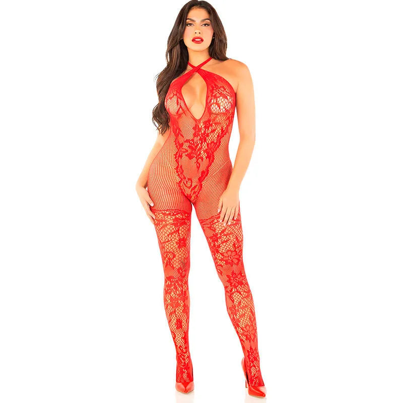 bodystocking résille rouge imprimé floral élégant séduisant transparent extensible taille unique silhouette féminine ajustement flatteur soirée intime sophistiqué audacieux charme