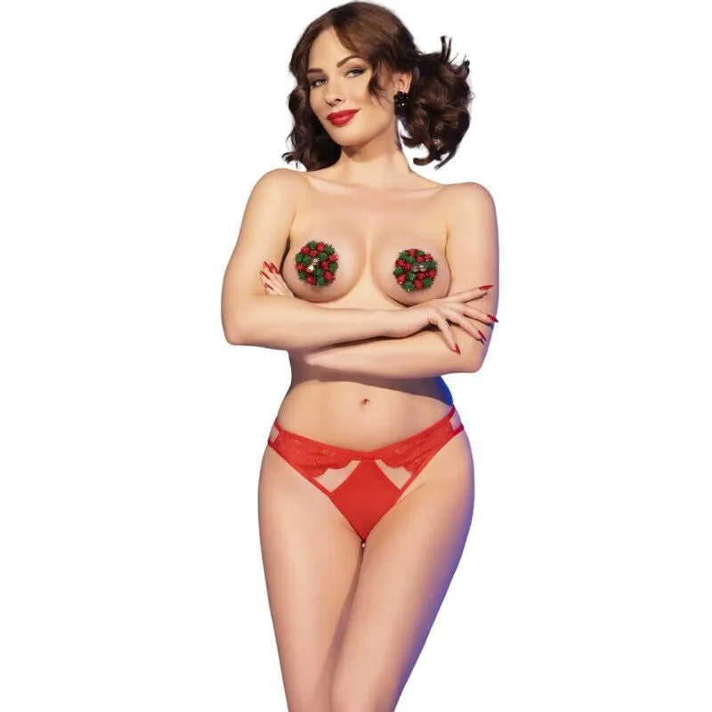 ensemble lingerie cachetetons pompons clochettes culotte rouge festive séduisant ludique élégant ajustable confortable scintillant charmant moderne