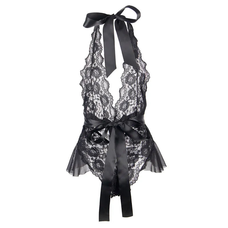 Body noir à volants Subblime, grande taille, dentelle élégante, rubans satinés, design séduisant et confortable.