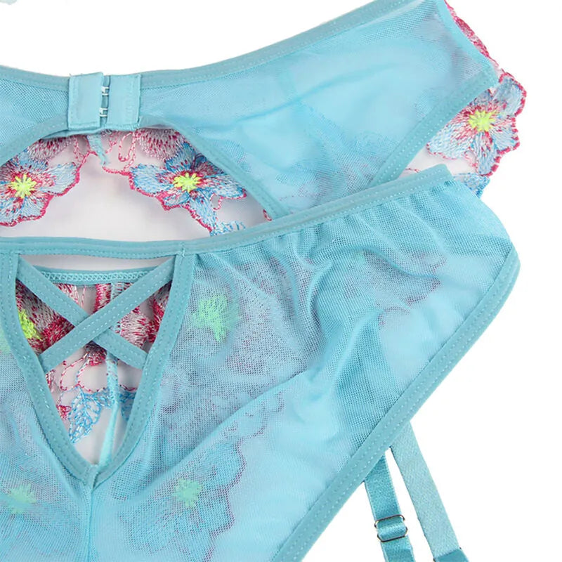 Soutien-gorge culotte porte-jarretelles floral bleu lingerie sexy haute qualité femmes