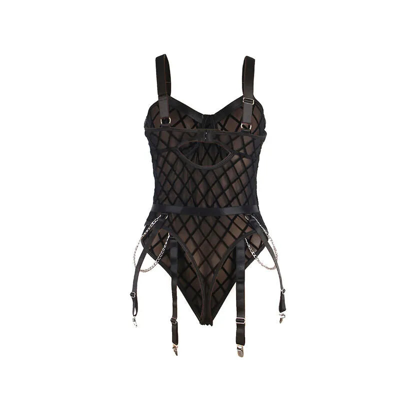 Body noir grande taille avec chaînes délicates, porte-jarretelles intégré, design flatteur et glamour pour confort maximal.