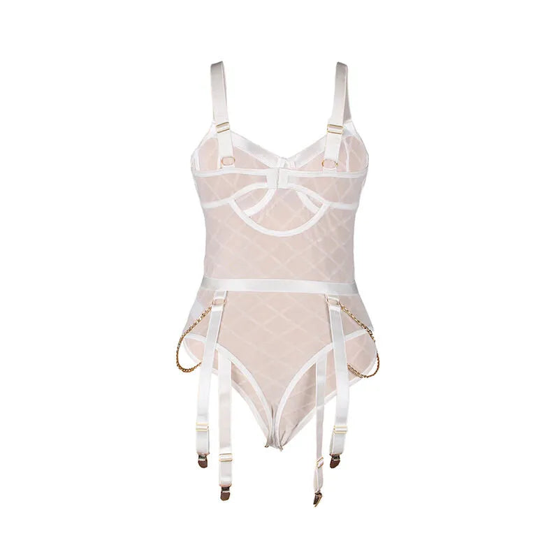 Body blanc Subblime avec chaînes porte-jarretelles, design élégant et matériaux luxueux, lingerie sexy et confortable.