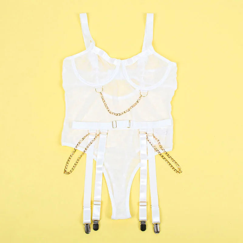 Combinaison blanche chaînes porte-jarretelles Subblime, design élégant, tissu doux, détails raffinés, lingerie sexy.