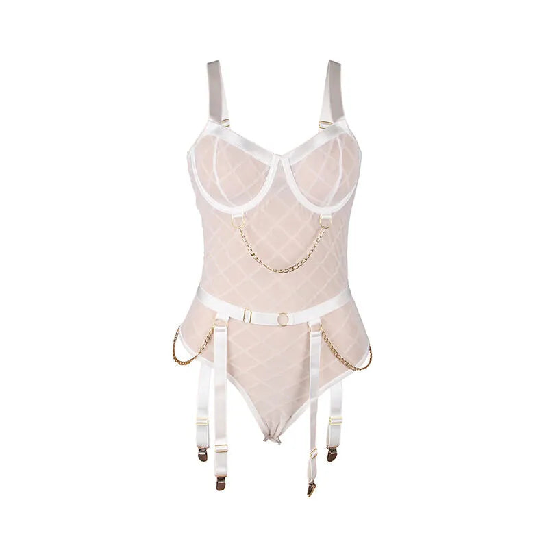 Body blanc Subblime avec chaînes dorées, porte-jarretelles intégré, design élégant et sexy, tissu doux et résistant.