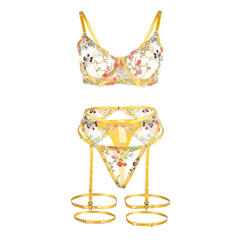lingerie sexy femmes grande taille soutien gorge rembourré bretelles ajustables string porte jarretelles floral jaune extensible confortable